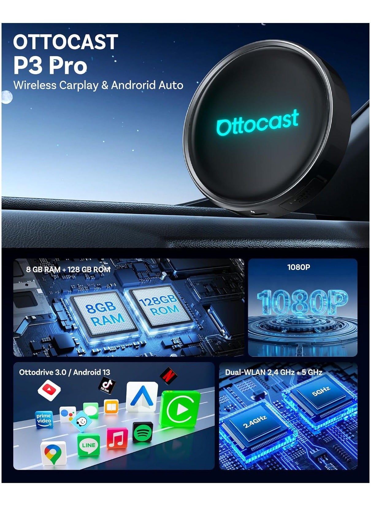Ottocast OTTOCAST P3 Pro AI Box Android 13 OttoDrive 3.0, Wireless